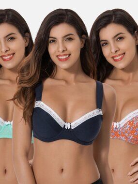 Women's Plus Size Underwired Unlined Balconette Cotton Bra-3Pack